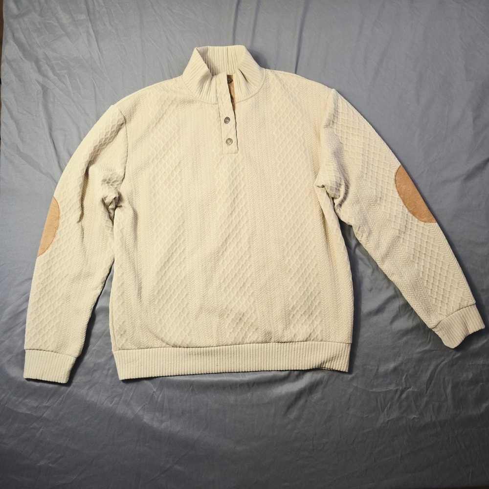 Men's Textured Pullover XXL Beige Elbow Patches Mock Neck Sweater Q993